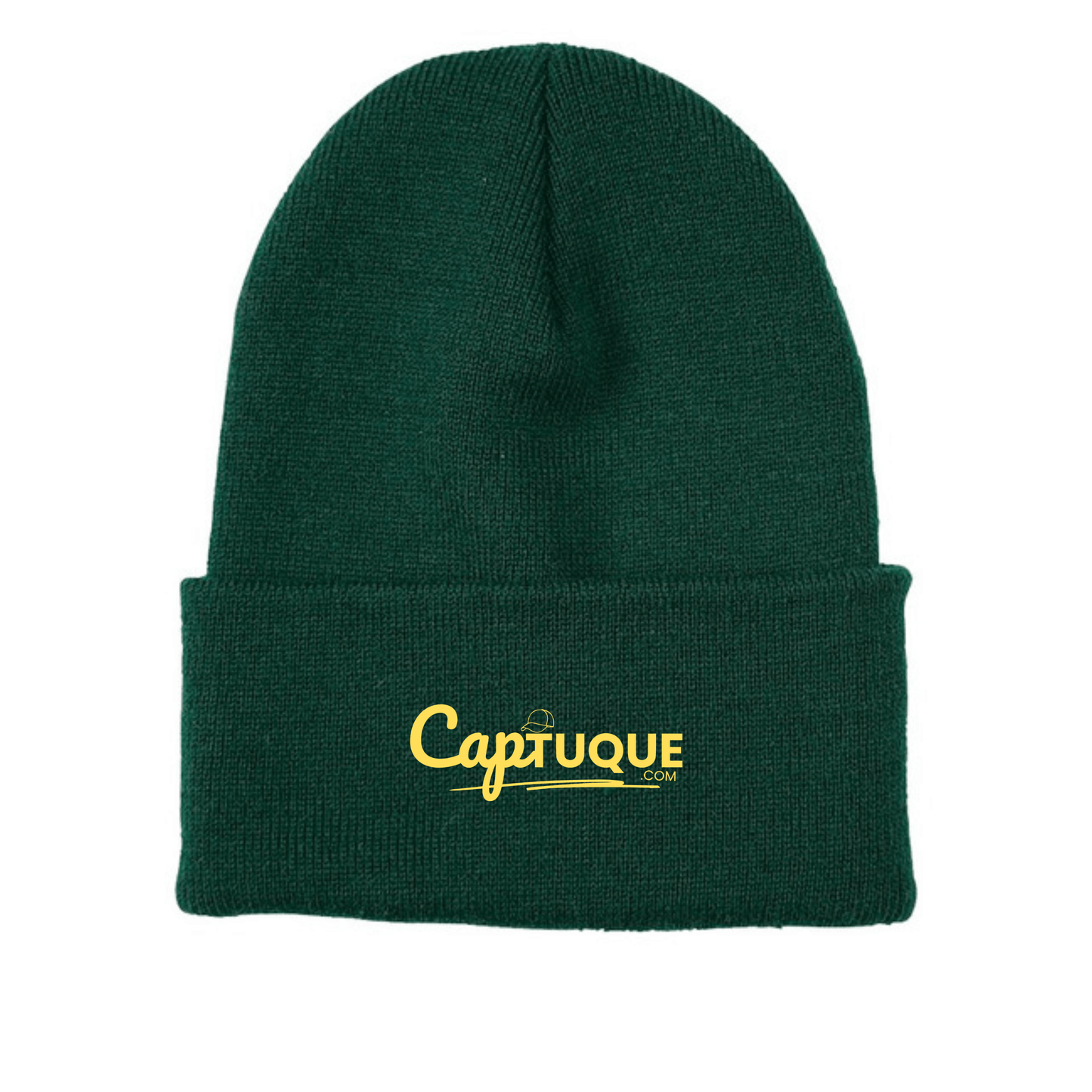 Tuque officielle CapTuque en vert forest avec logo, fait d'acrylique hypoallergénique, soutien pour planter un arbre.